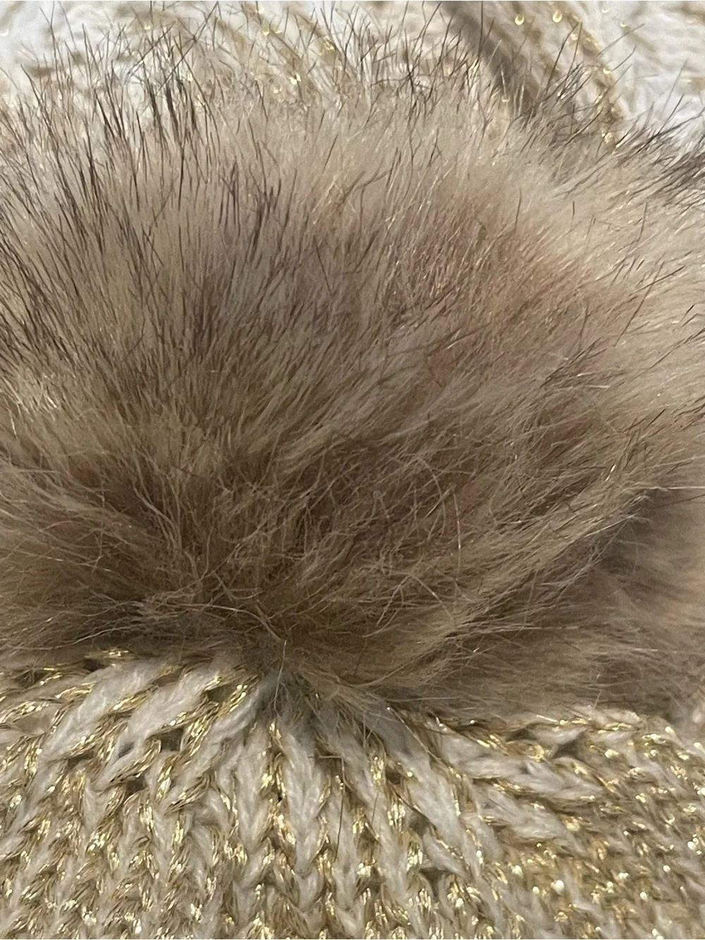 Sparkle Knit Beanie and Scarf Set - Cream with Gold Thread C.C Faux Fur Pom Pom